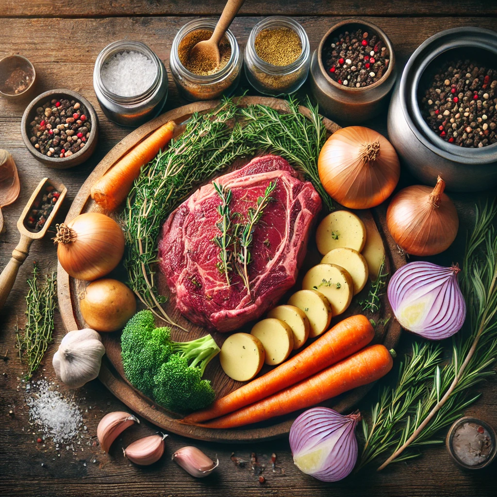 Ribeye steak on a table surrounded by various ingredients for slow cooker recipe.