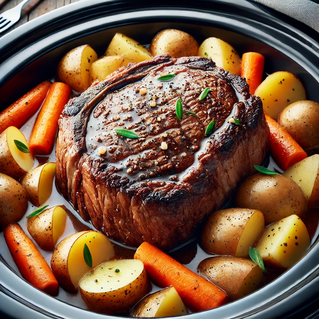 Cooked ribeye steak in a slow cooker with diced potatoes and sliced carrots.
