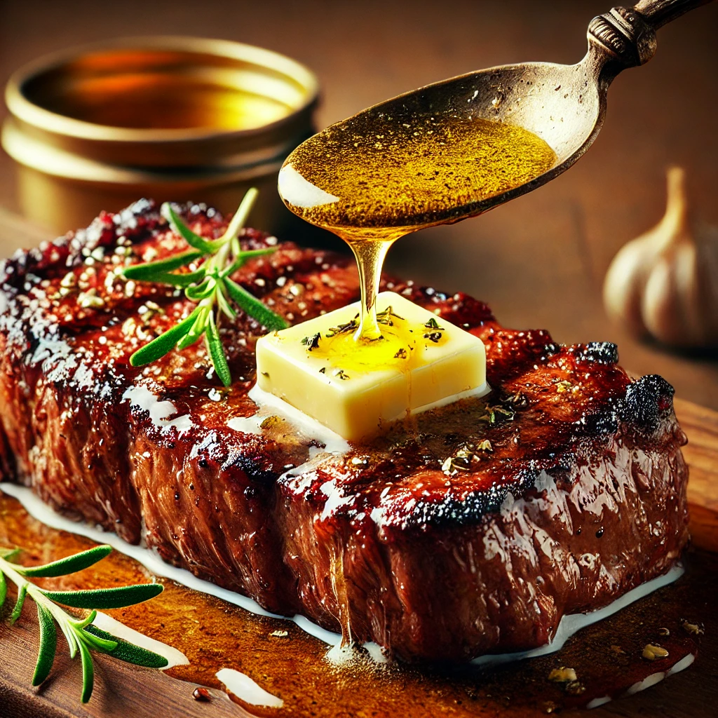 Spoon over New York strip topped with butter on a wooden board.