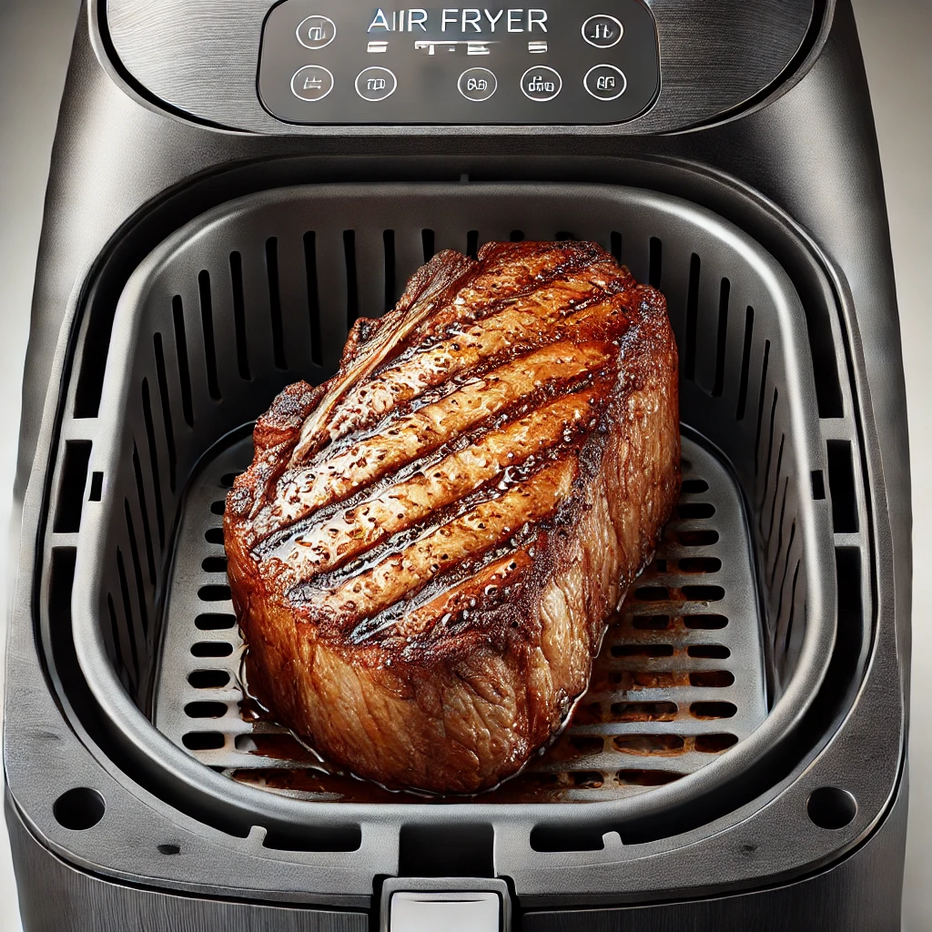 New York strip steak in an air fryer.