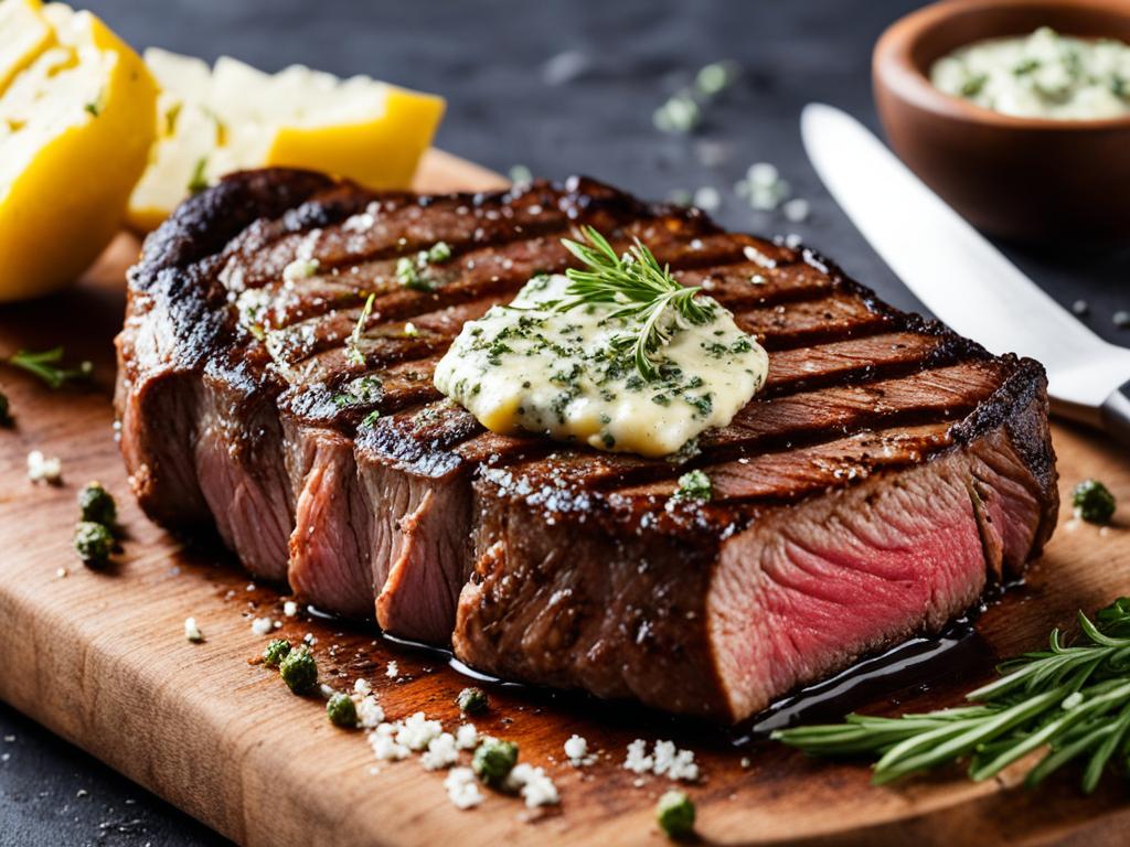 Gourmet Grilled Steak with Herb Compound Butter Gourmet grilled NY strip steak topped with Herb Compound Butter