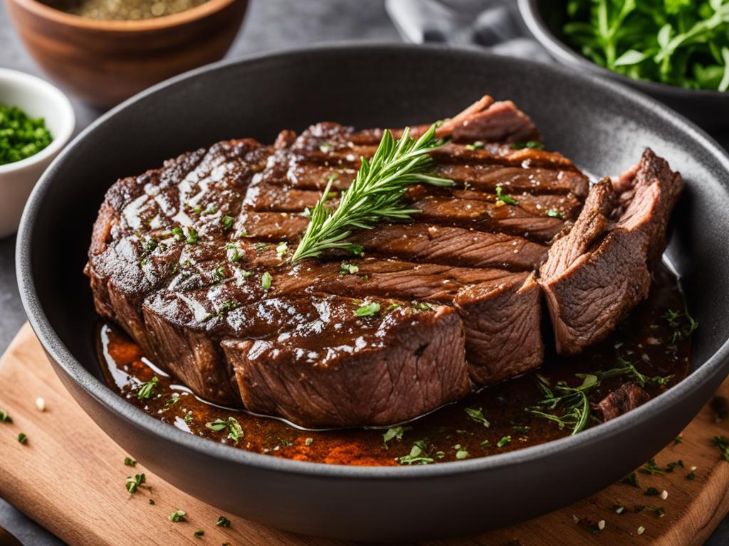 Ribeye steak in a bowl with herbs and sauce.