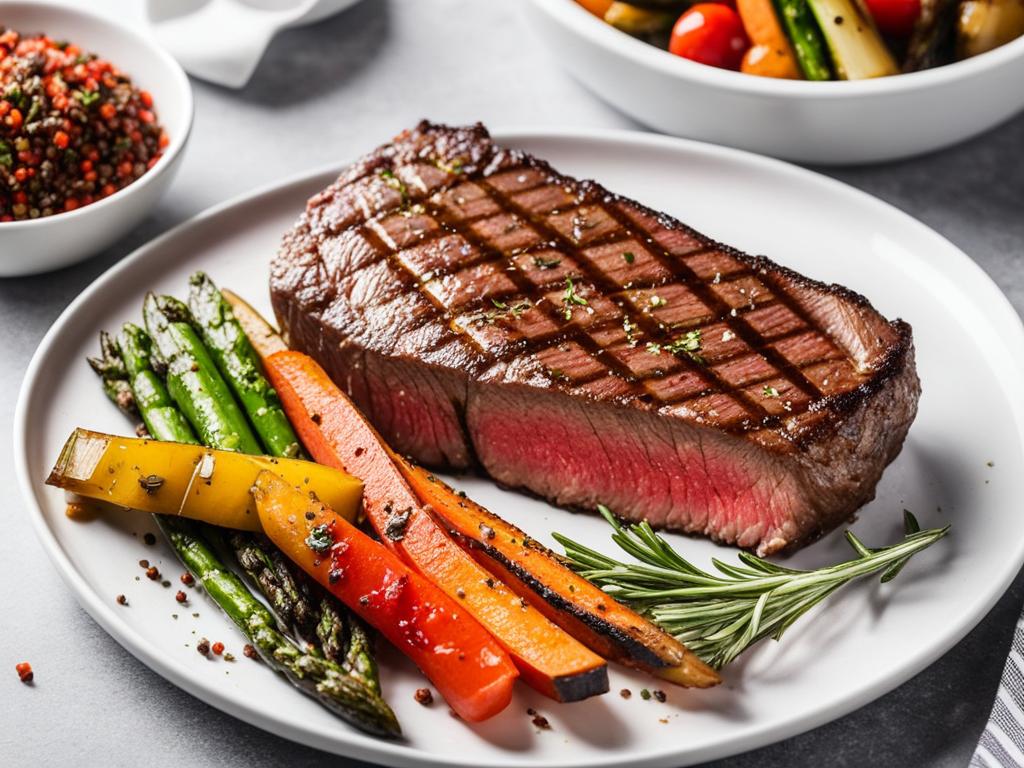 New York Strip with roasted veggies on a plate.