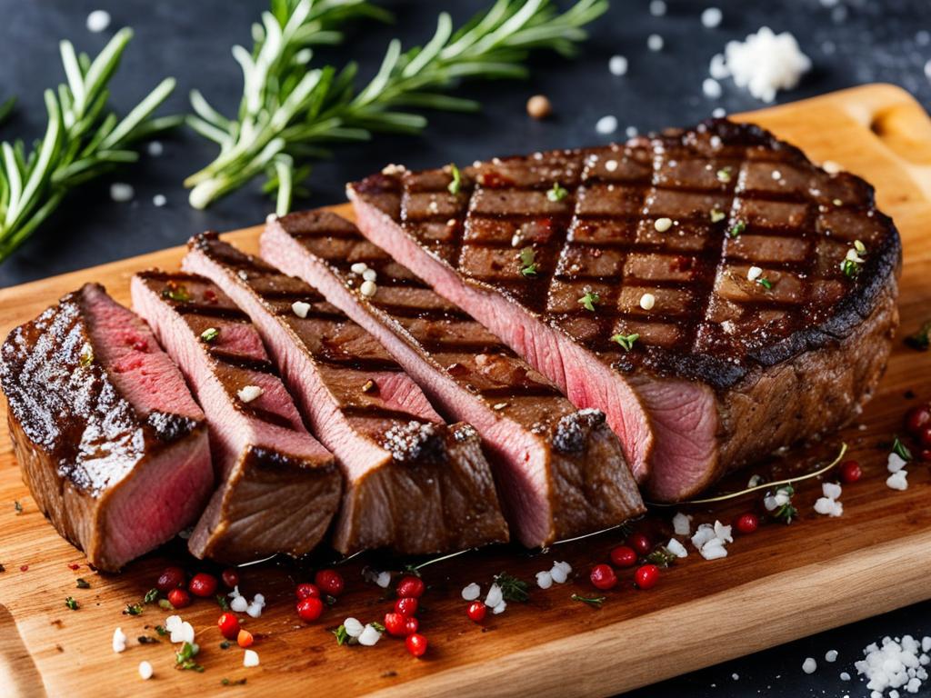 Seasoned New York Strip Steak on a wooden cutting board.