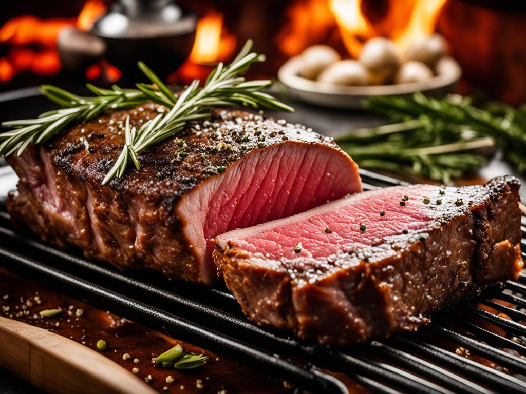 New York strip roast topped with herbs and spices.