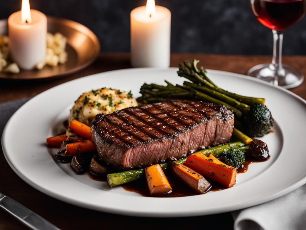 New York strip on a plate with roasted vegetables and mashed potatoes.