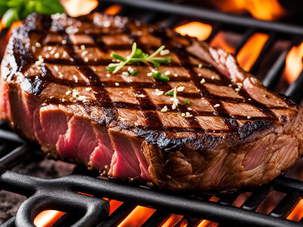 Perfectly Seasoned Steak New York strip steak on a hot grill.