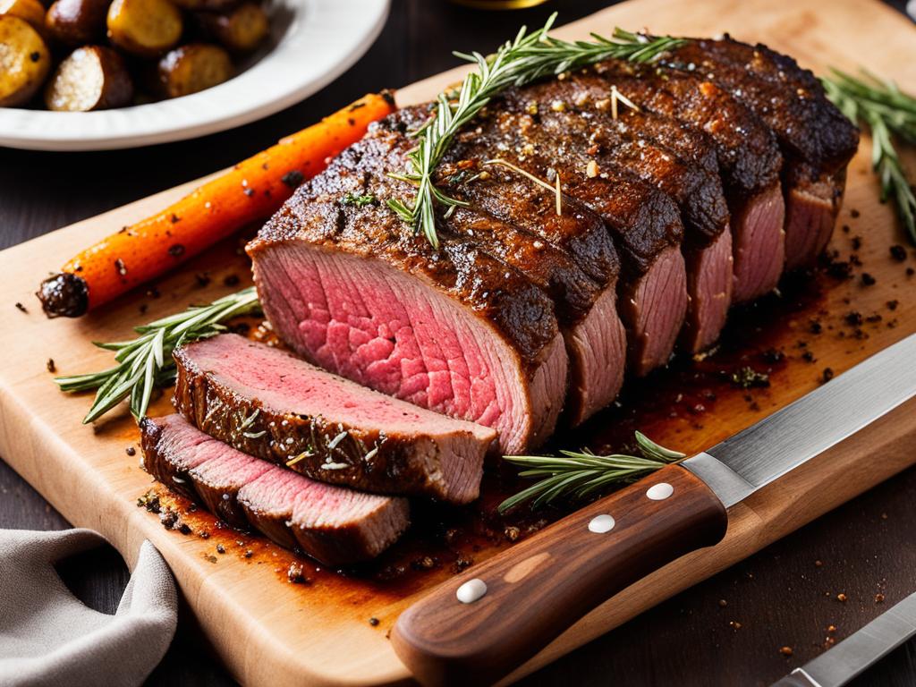 New York Strip Roast topped with herbs on a wooden serving board alongside knife.