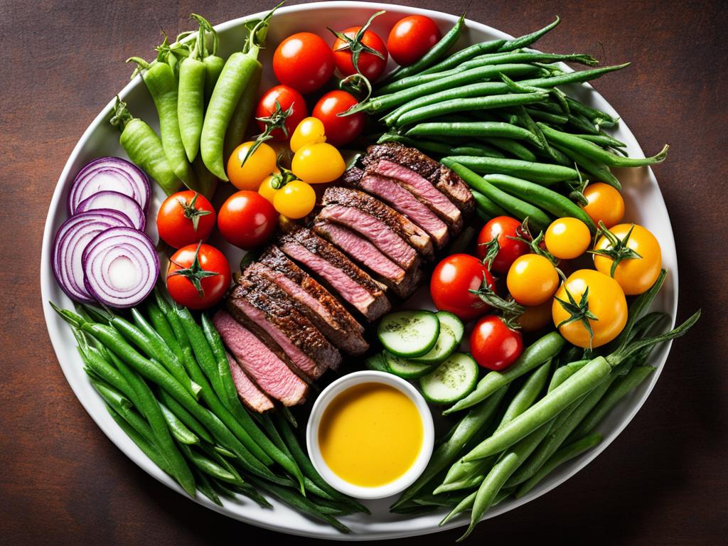 New York strip roast with vegetable sides on a plate.