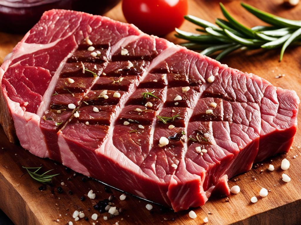 Seasoned steak on a wooden cutting board.