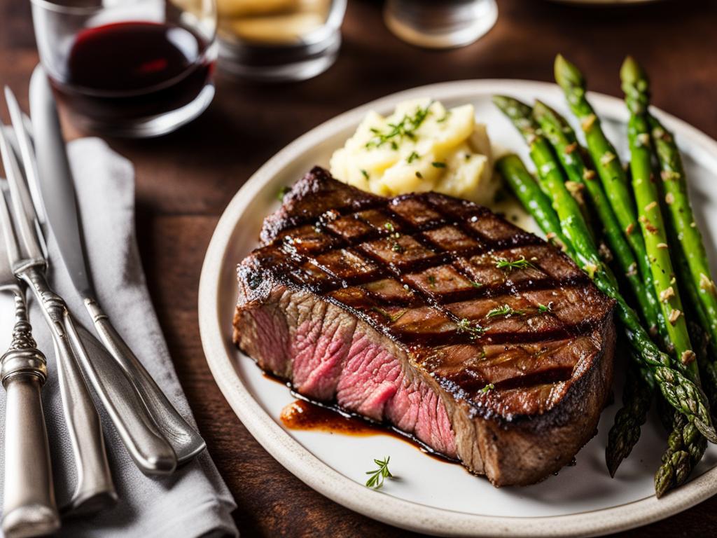 Steak with Side Dish and Herb Garnish Grilled New York strip steak with asparagus and mashed potato on a plate.