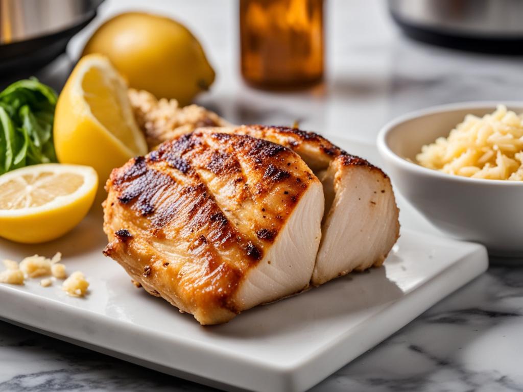 Air fryer chicken breast on a serving platter with lemon alongside bowl of rice.