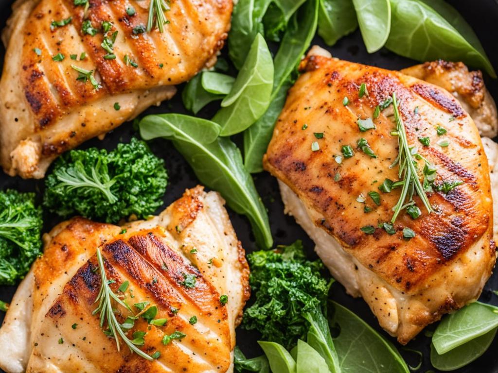 Air fryer chicken breasts with greens.