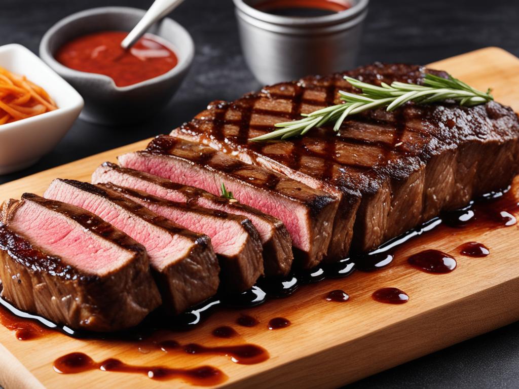 New York Strip drizzled with sauce on a wooden board.