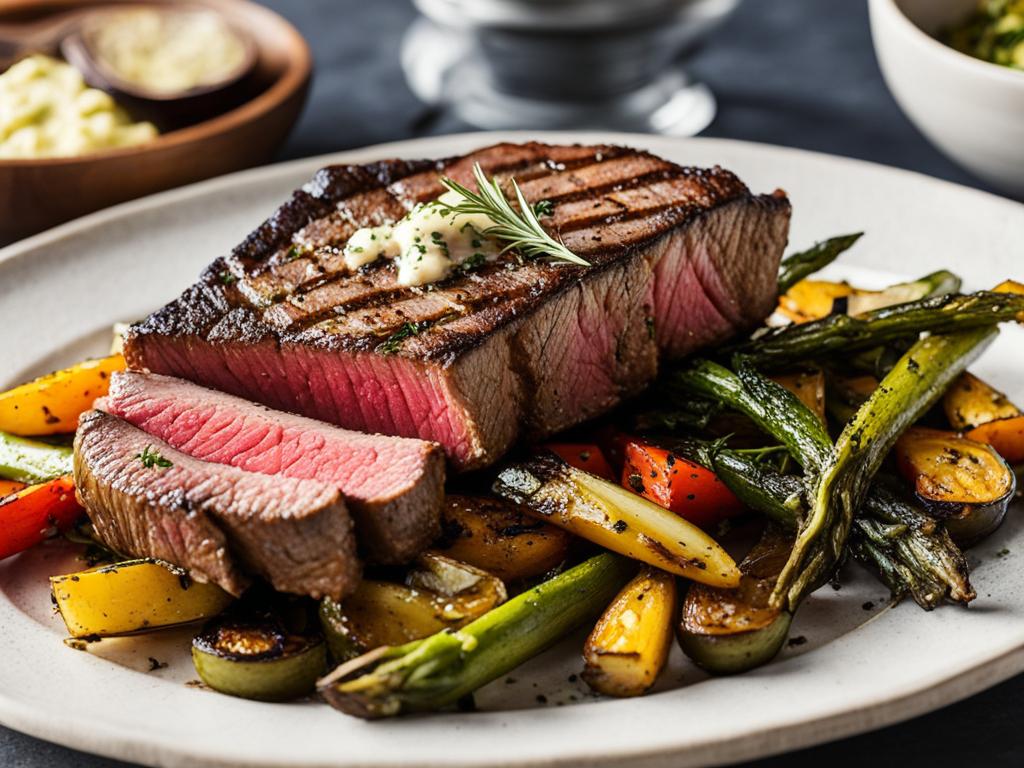 New York strip steak topped with herb-infused garlic butter on a plate with vegetables.