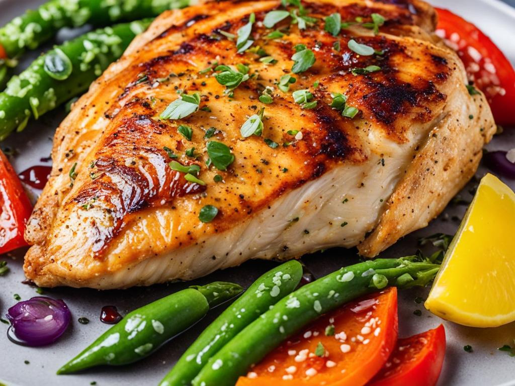 Juicy chicken breast with steamed vegetables and slice of lemon on a plate.