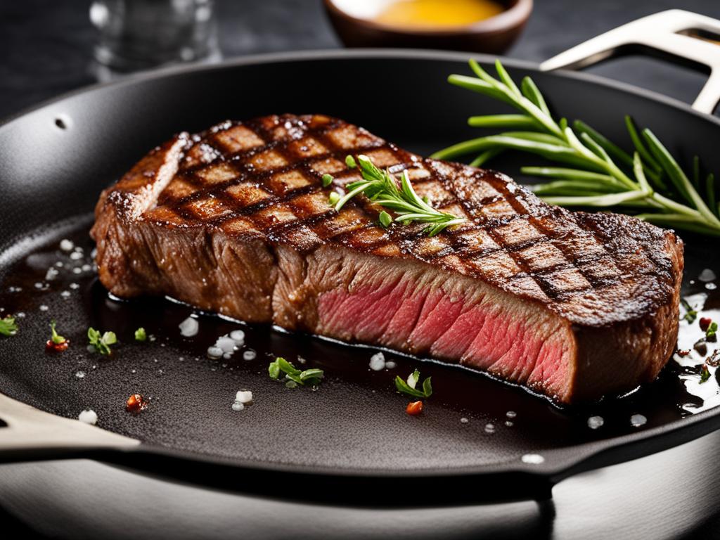New York strip steak on a pan with herbs.