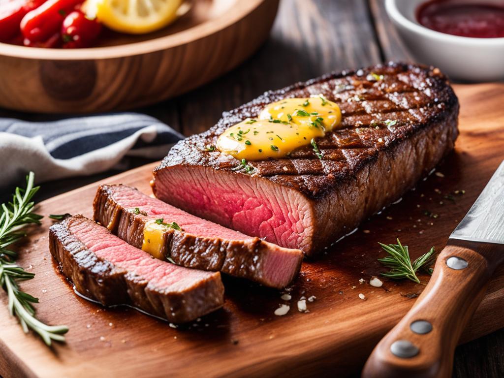 Reverse-seared New York strip steak topped with cowboy butter on a wooden serving board alongside knife.