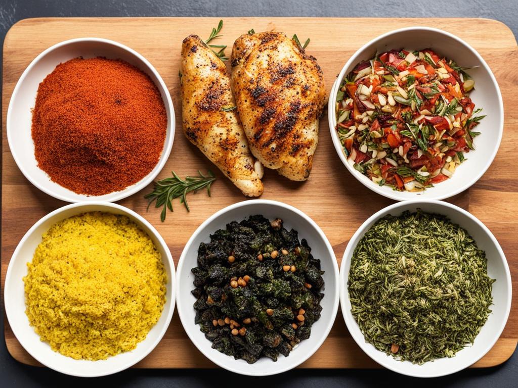 Chicken breasts with bowls of various seasonings on a wooden board.
