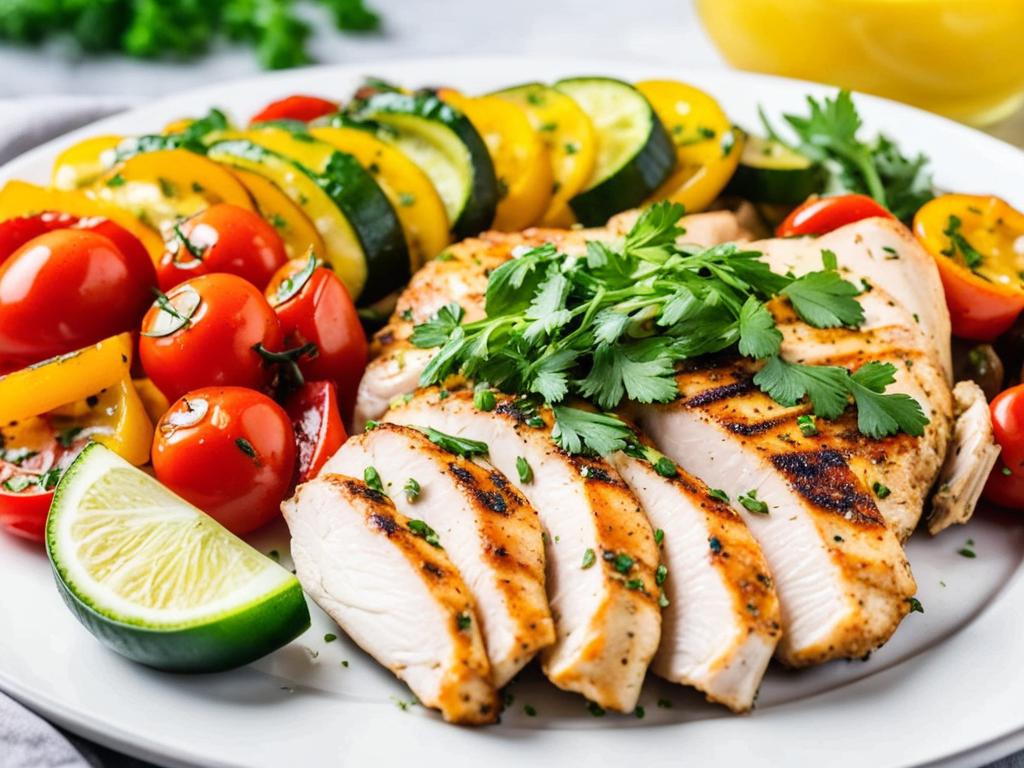 Air fryer chicken breast served with herbs, lime, and vegetables on a plate.