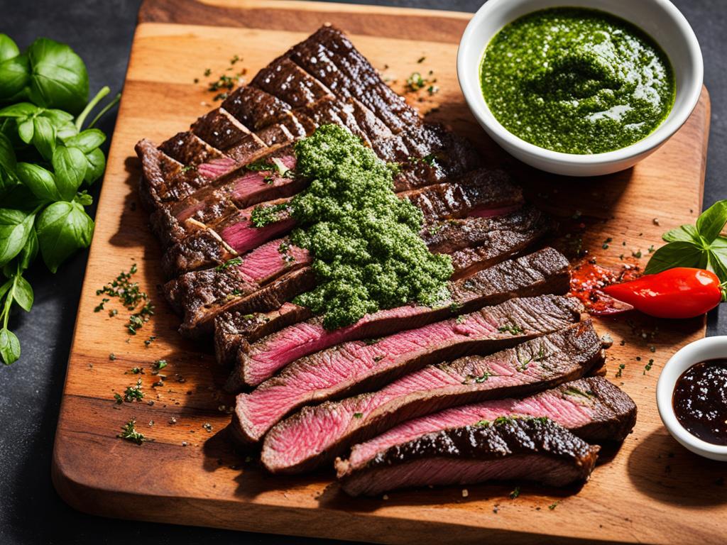 skirt steak with chimichurri sauce on a wooden serving board.