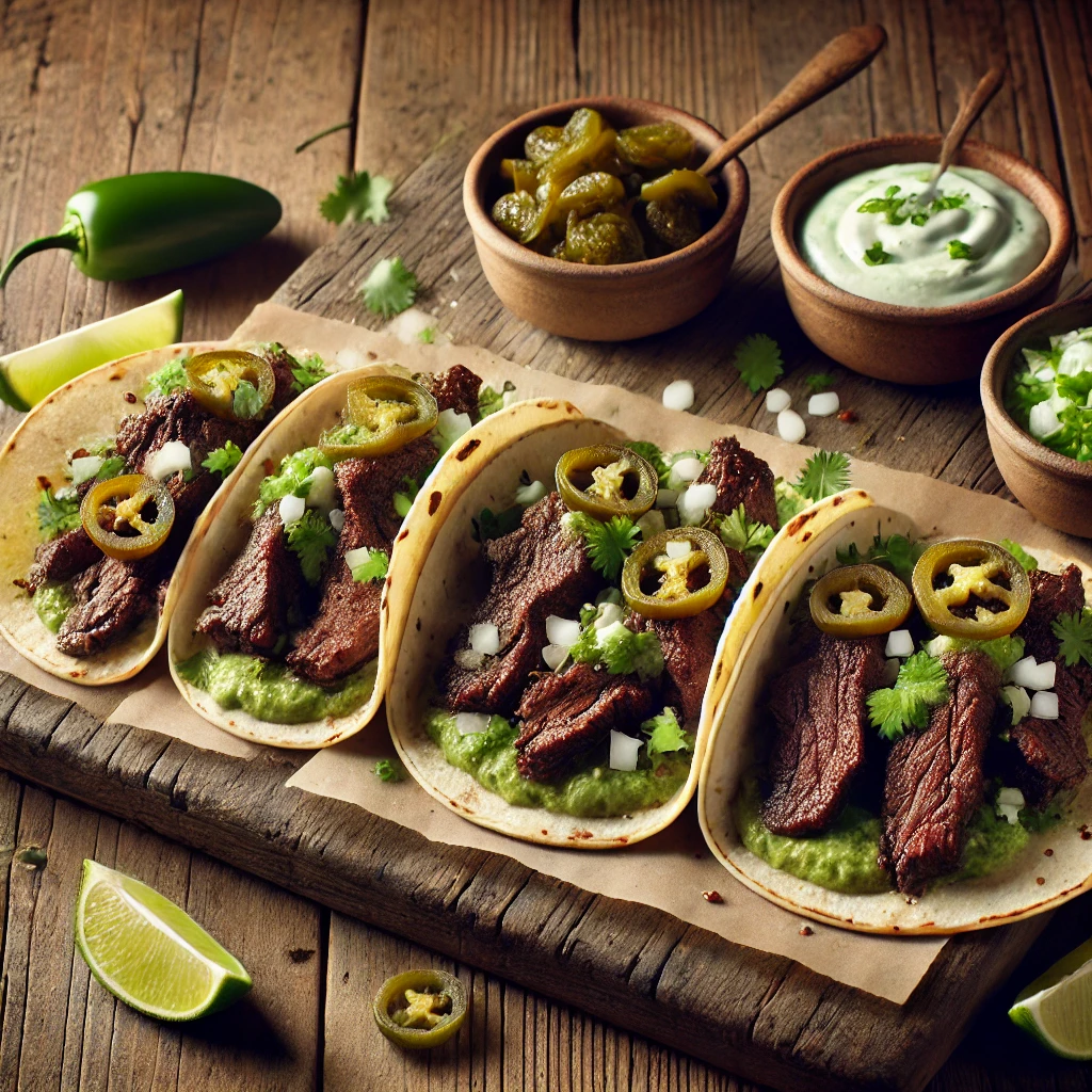 elk heart tacos on a wooden board alongside bowls of avocado crema and pickled jalapeños.
