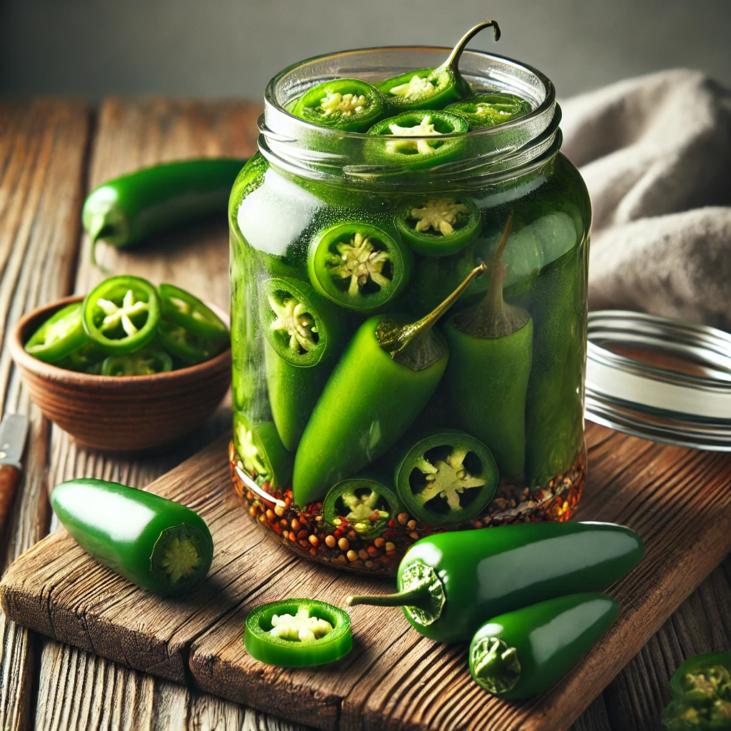 picked jalapeños in a jar on a wooden board.