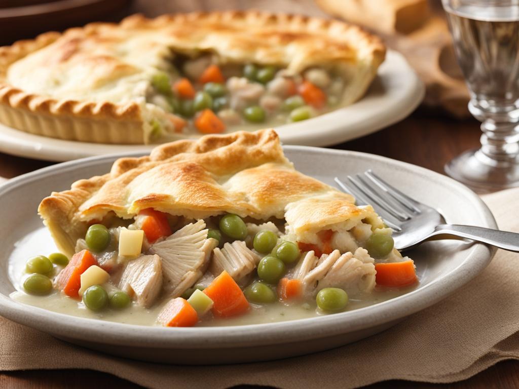 Slice of chicken pot pie on a plate with fork.