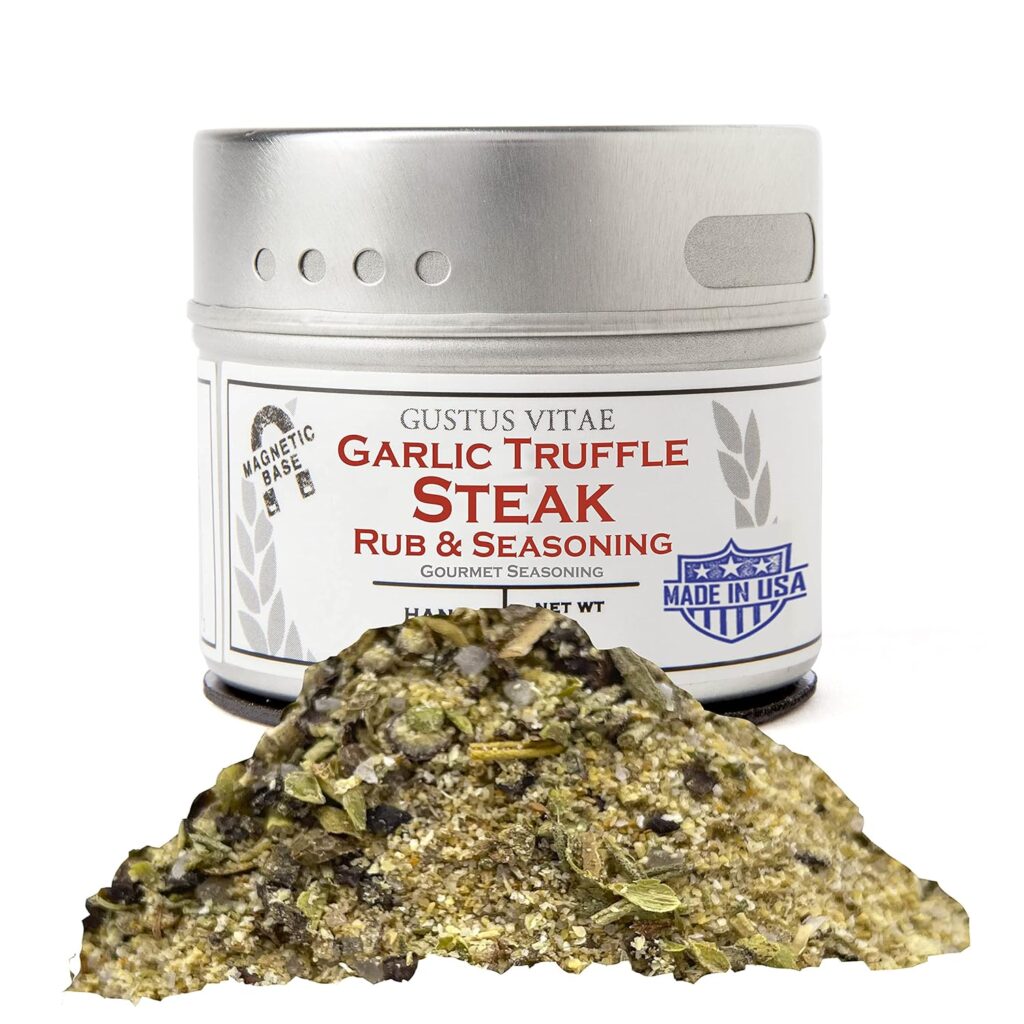 gustus vitae non gmo garlic truffle steak seasoning metal tin.