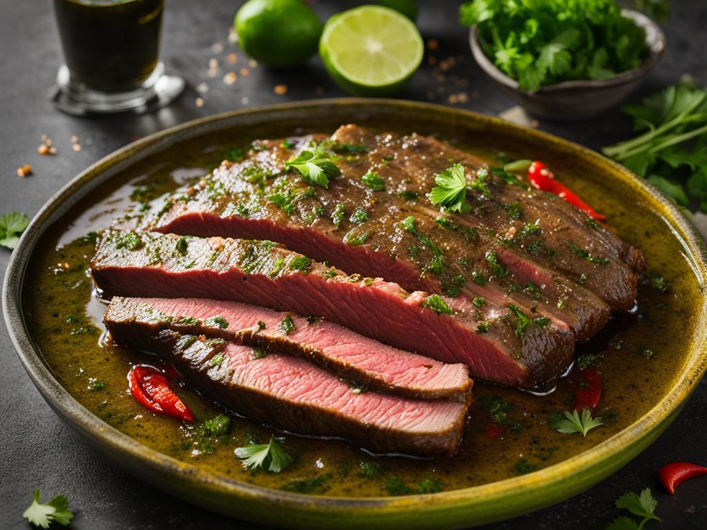 Marinating flank steak Marinated flank steak on a bowl.