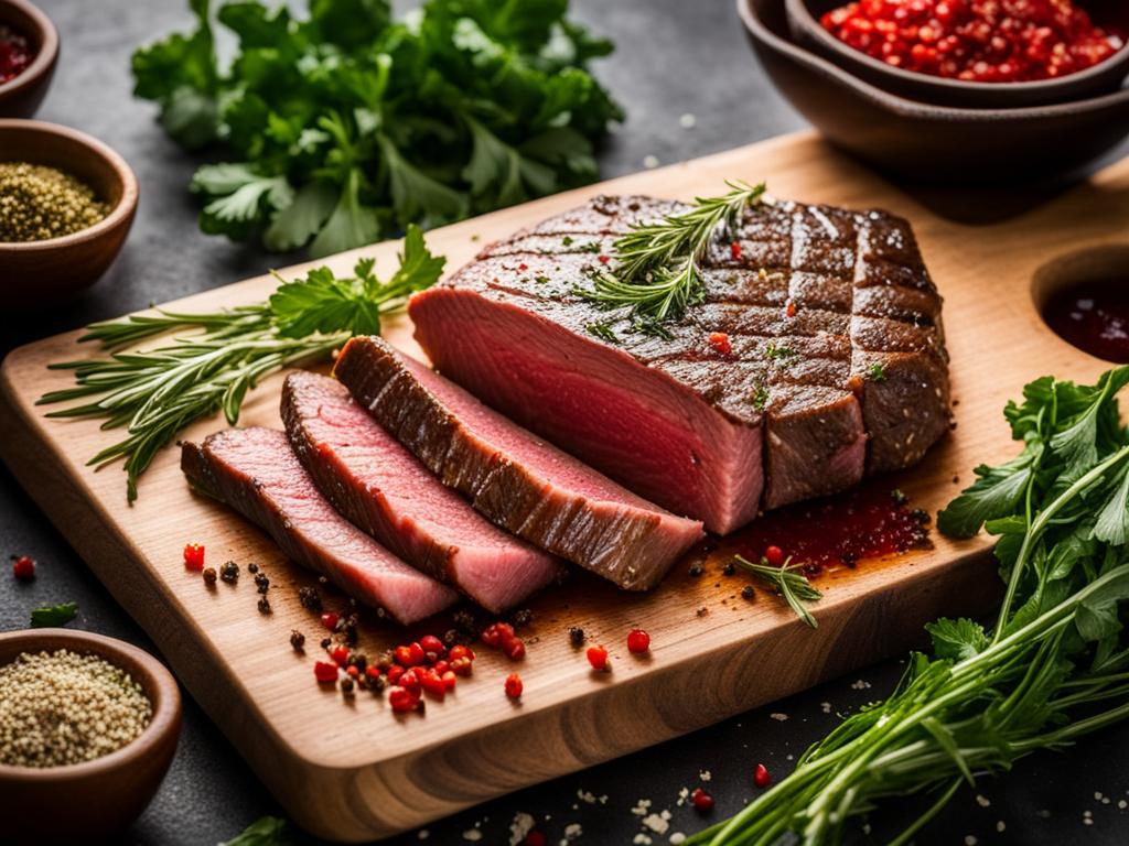 Savory Steak Marinade Ingredients Sliced flank steak on a wooden board surrounded by herbs and spices.