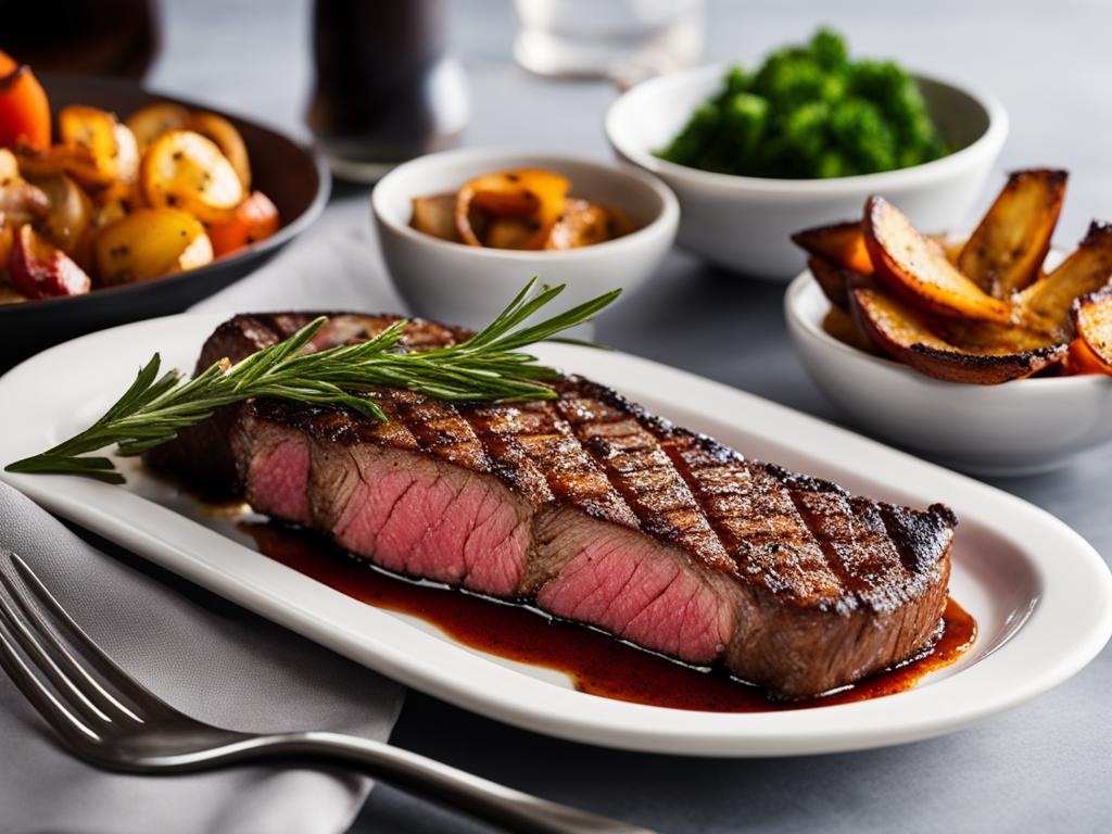 New York Strip Steak with rosemary on a plate alongside bowls of sides and fork.