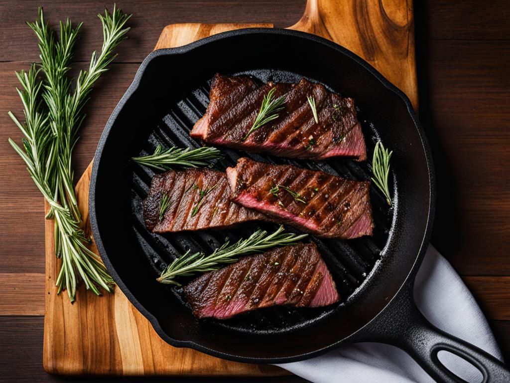 searing skirt steak in a cast iron pan