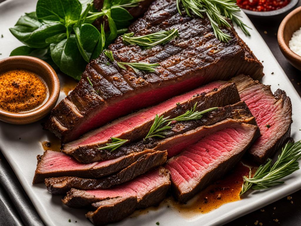 Skirt steak with herbs and bowls of spices.