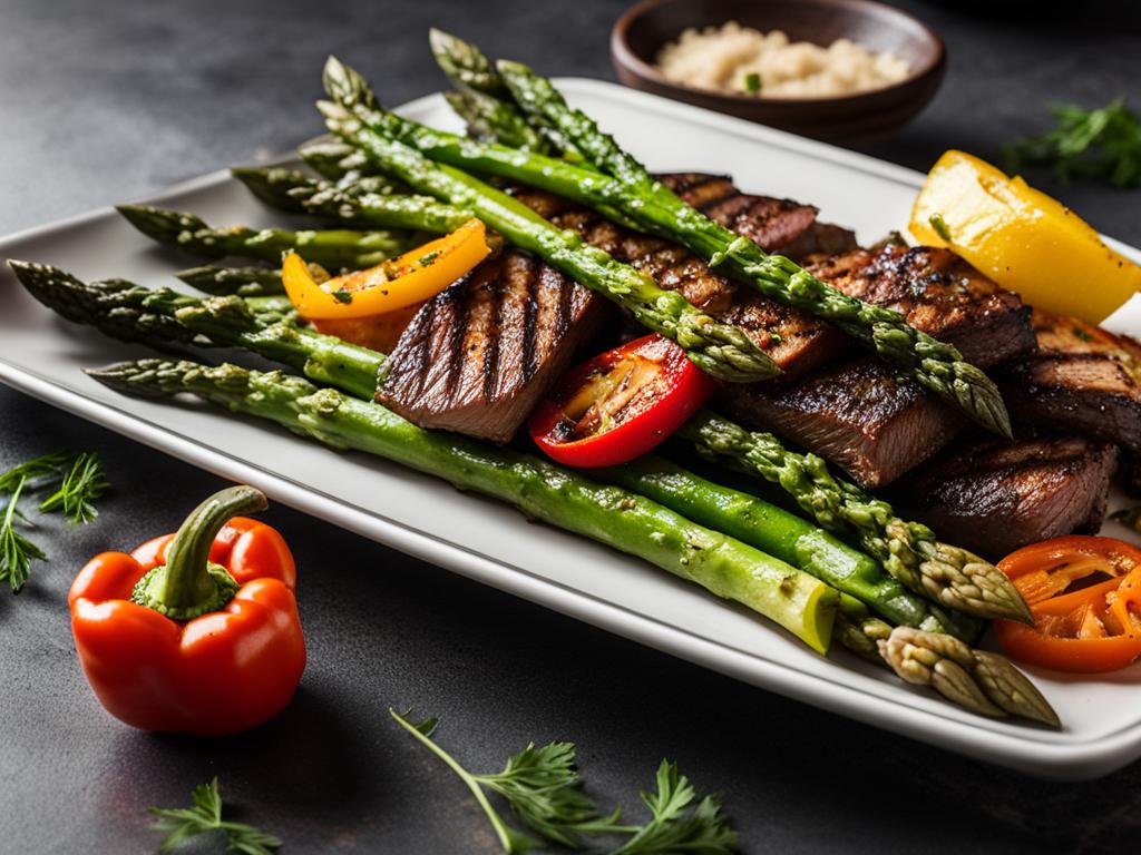 Skirt steak on a plate with grilled asparagus and tomatoes.