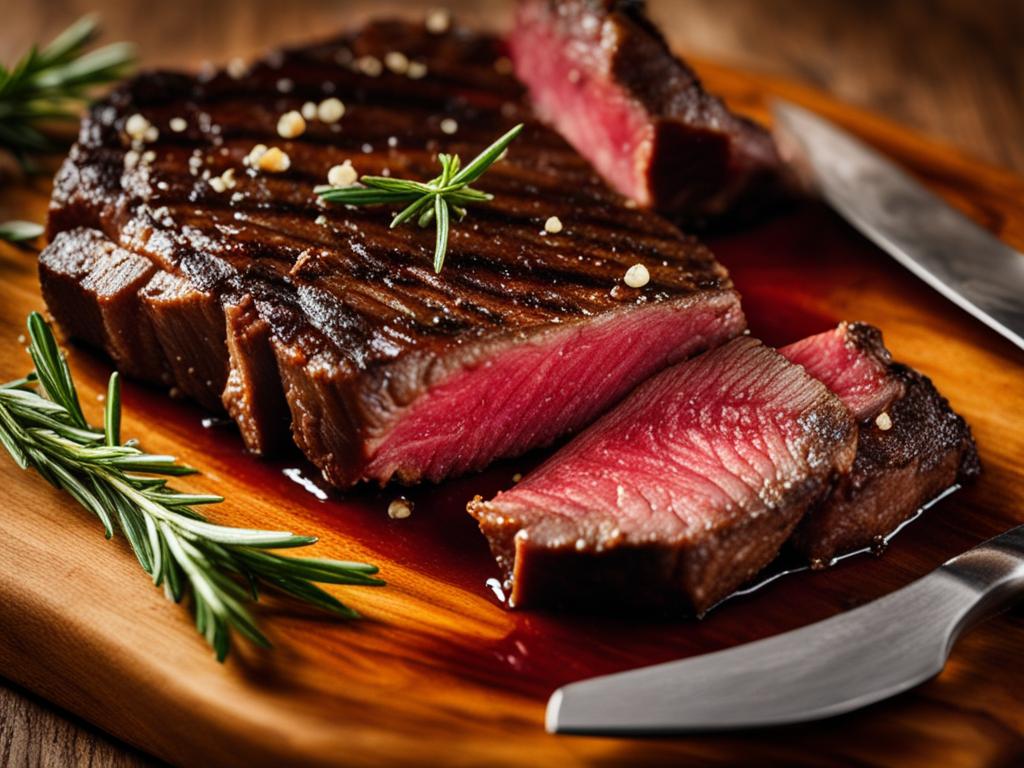 Skirt steak on a wooden board with herbs and knife.