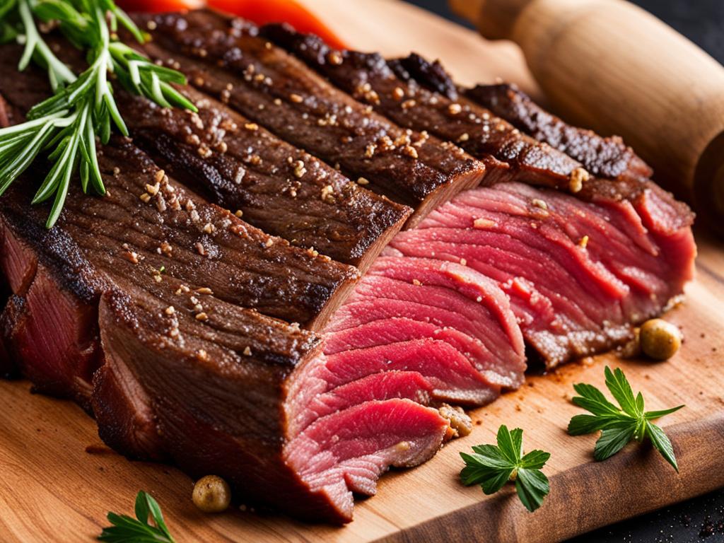 Sous Vide Skirt Steak with herbs on a wooden board.