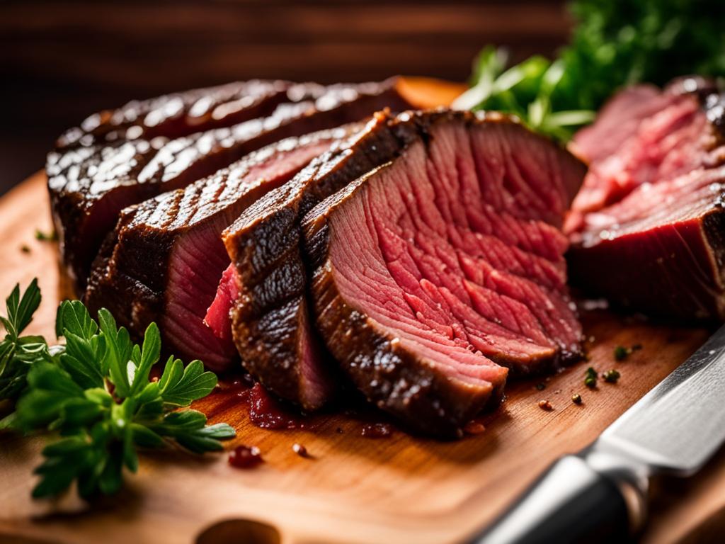 Close up of sliced skirt steak on a wooden board.