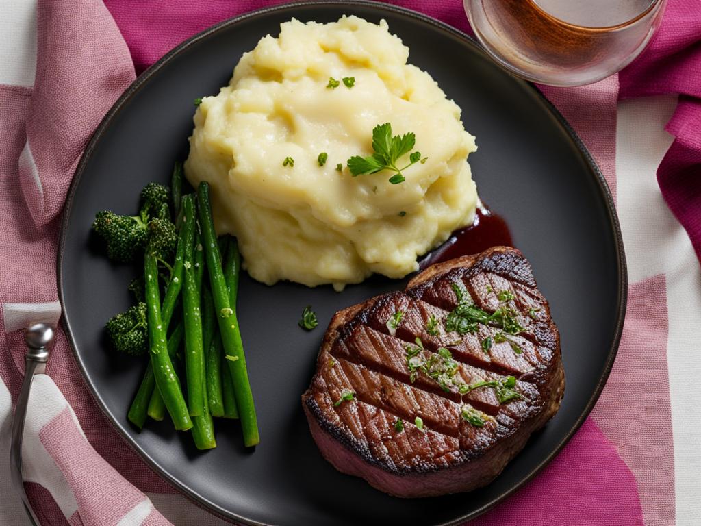 garlic mashed potatoes alongside filet mignon