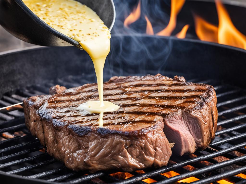 Butter Basting Ribeye Steak on a grill.