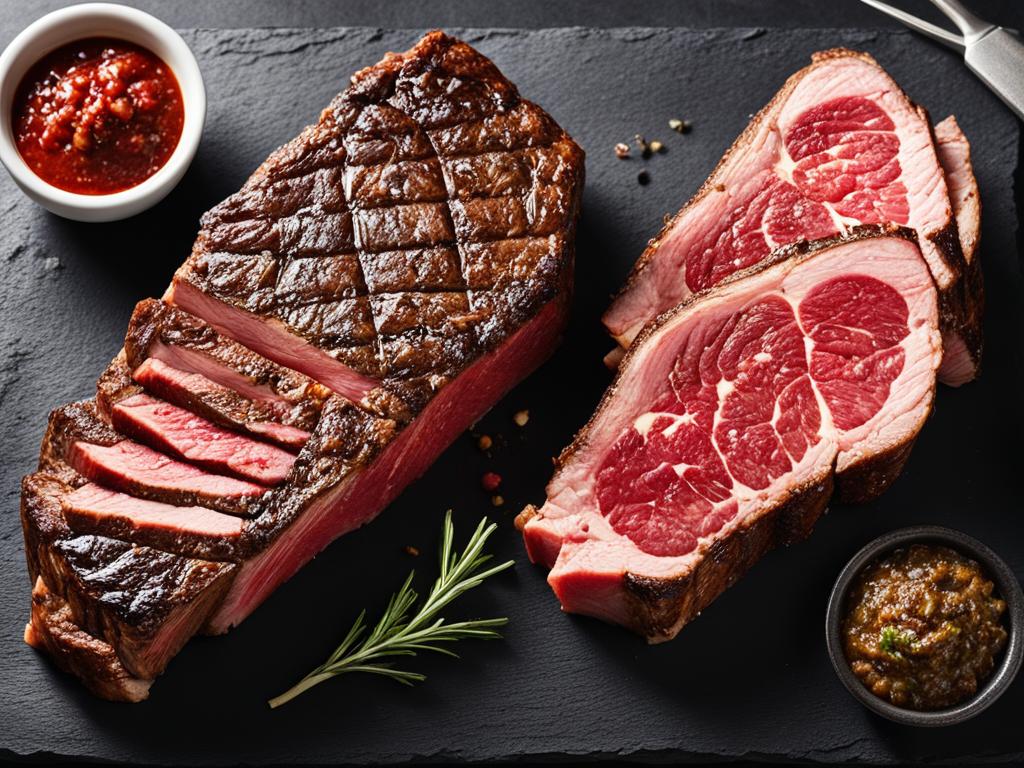 Evaluating Ribeye cost for steak lovers New York strip and Ribeye steaks on a serving board with sauces.