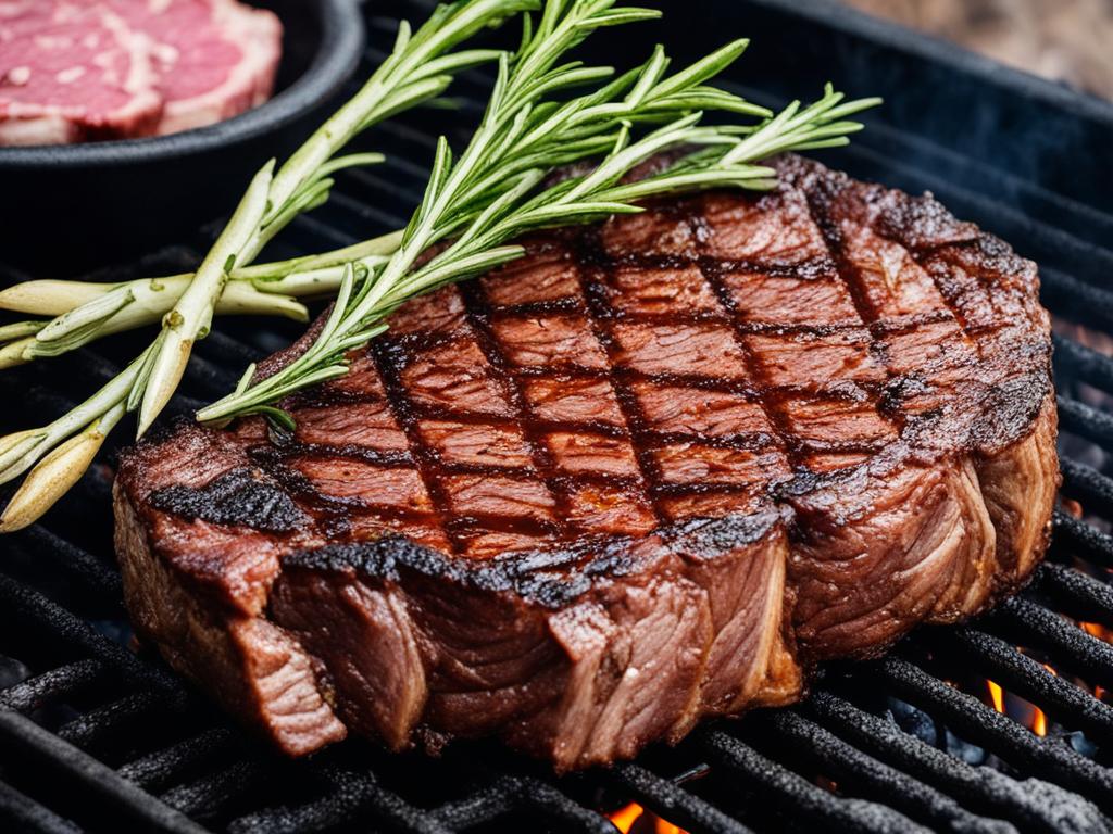 Ribeye steak on a grill topped with rosemary.