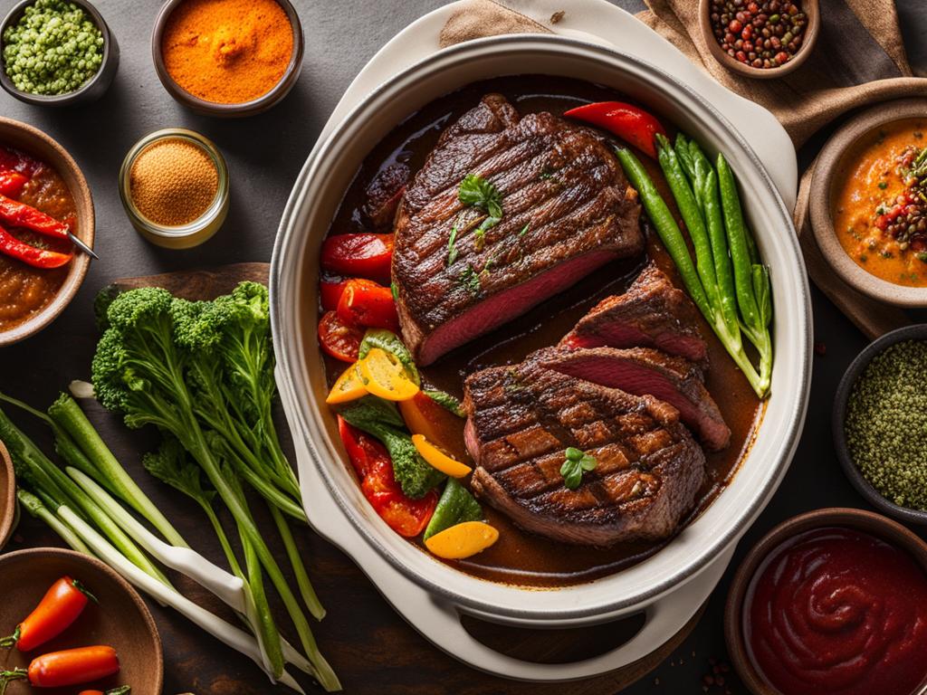 Crock pot ribeye steak on a pot, surrounded by spices and herbs on a table.