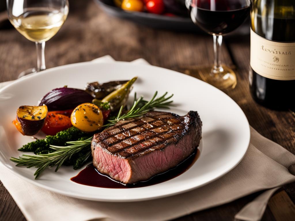 Steak on a plate with vegetables alongside bottle and glasses of wine.