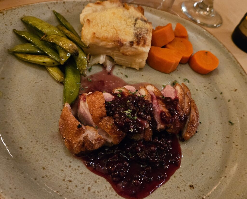 Roasted duck meat with cranberry sauce, served with vegetables on a plate.