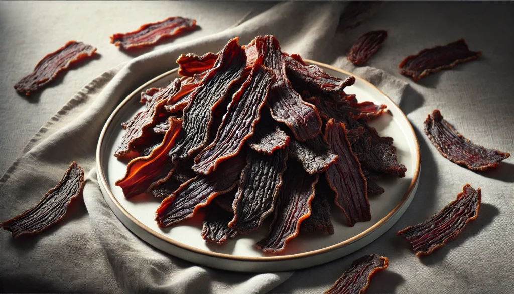 Goose jerky on a plate on a table.