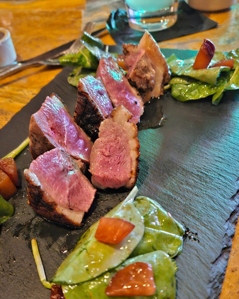 Slices of roasted duck meat on a platter with greens.