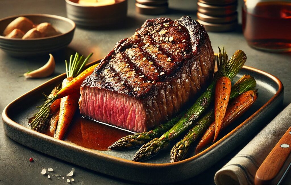 New York strip steak on a tray with roasted vegetables.